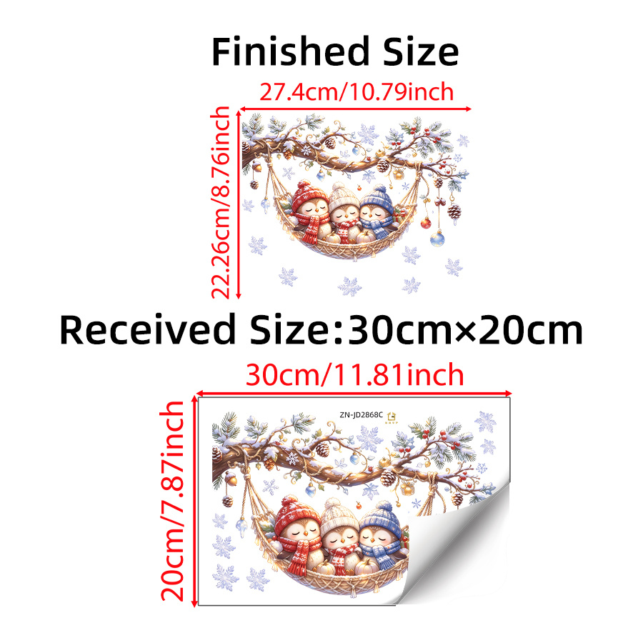 TEMU 1pc Cute 3 Static Cling Window Sticker, Cartoon With Knit Hats & Scarves Sleeping In Hammock On Snowy Pine Branch With Snowflakes And Christmas