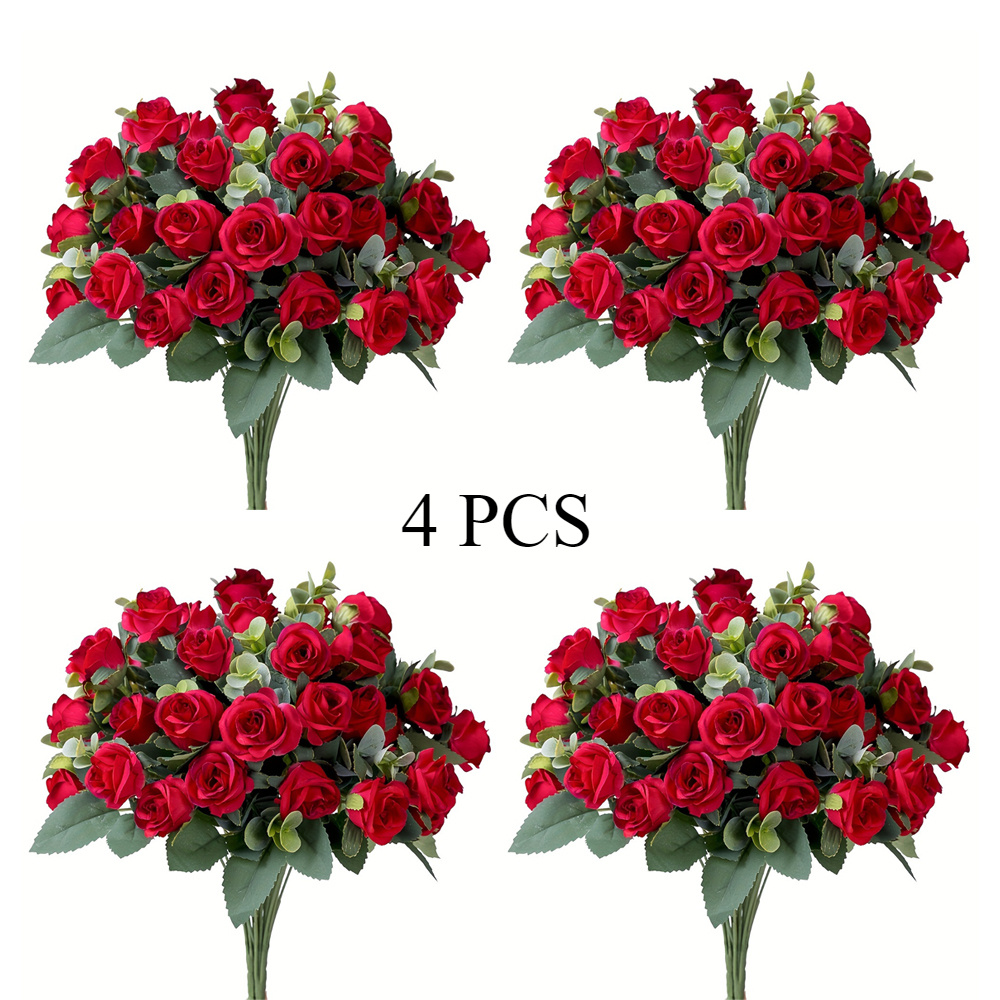 TEMU 4 Bunches Of Realistic Artificial Roses - Vibrant Pink, Red, White And Green Plastic Faux Flowers, Suitable For Valentine's Day, Weddings, Home