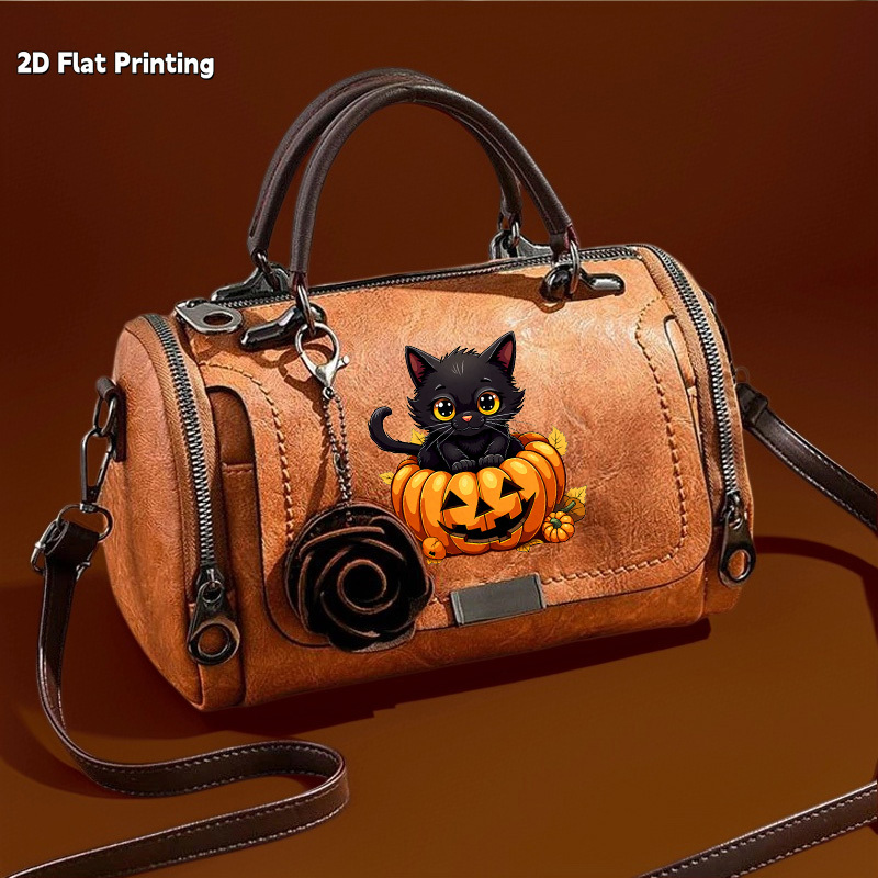 TEMU 1pc Handbag, Black Cat In Jack-o'-lantern Print Boston Bag, Vintage Style Top Handle Satchel, Women's Novelty Crossbody Purse For Halloween