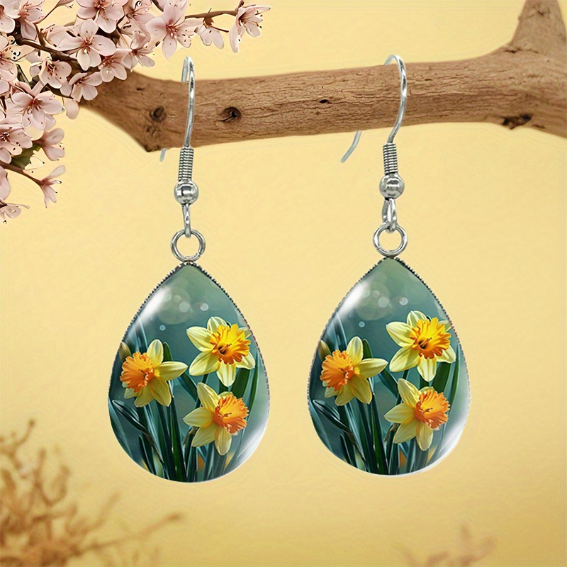 TEMU Fashionable Water Drop Earrings With Illustrations Of Yellow And White , Made Of Glass Jewelry, Without Battery