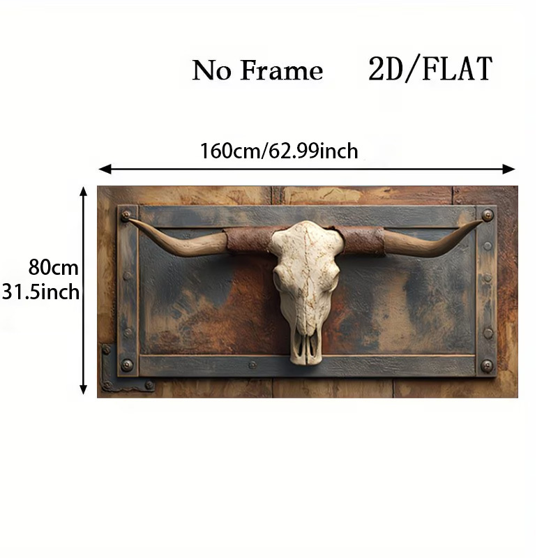 TEMU 2d Flat, 2d Flat, A Large 2d Flat Decorative Artwork Without A Frame Featuring A Bull With Prominent Horns On A Weathered Board. Perfect For