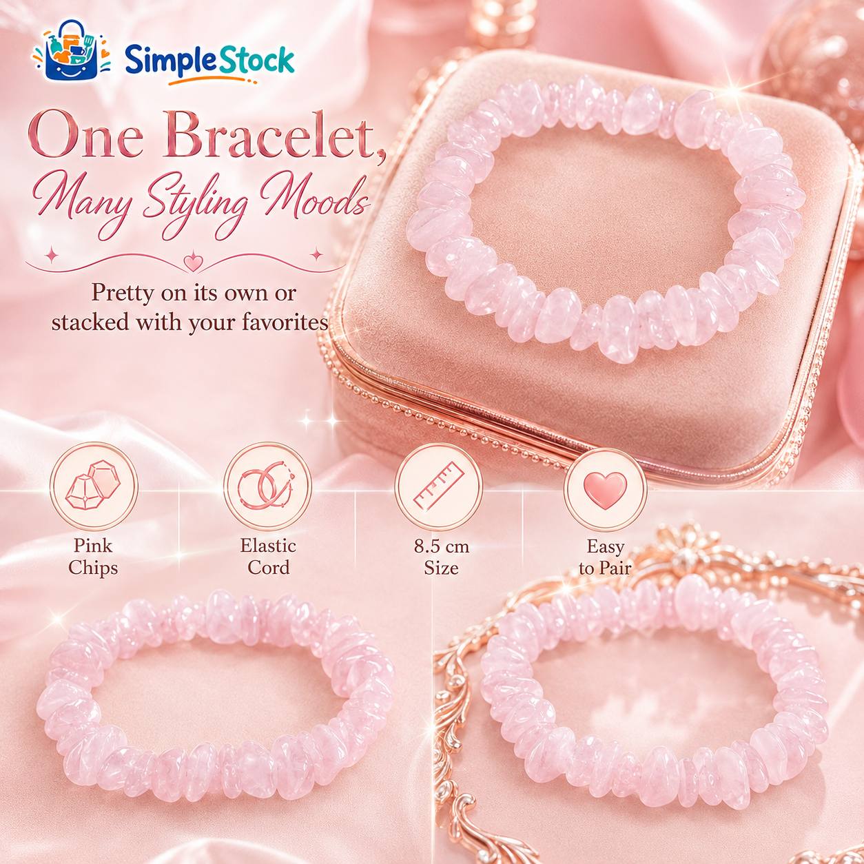 Natural Stone Blush Glow Chip Bracelet, Pink