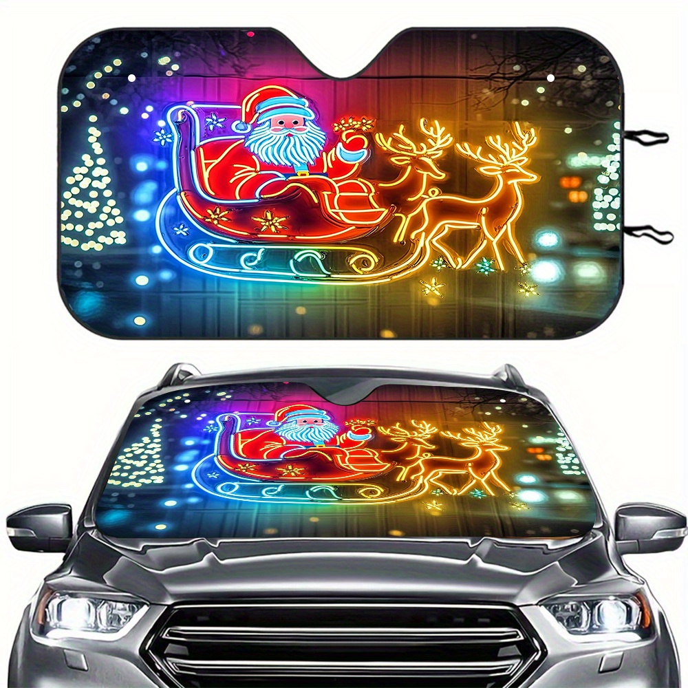 TEMU 1pc Christmas Car Windshield Sunshade With Santa Claus Sleigh & Reindeer - Neon Glow Design, Uv/heat Reduction, Foldable Sun Shield With Suction