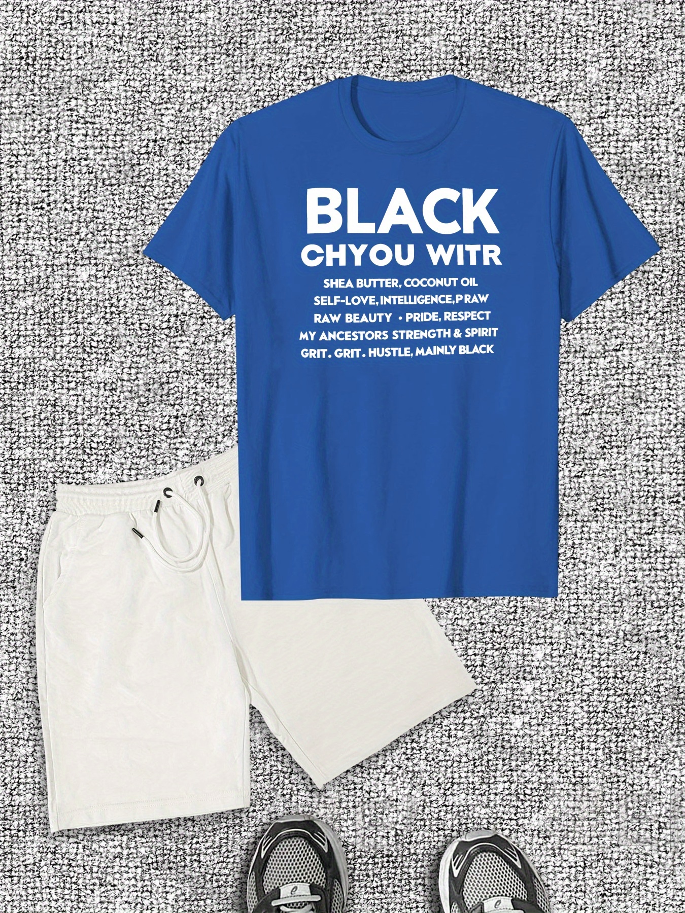 Men'S Casual Cotton T-Shirt & Shorts Set - Bold Black with White Text, Crew Neck, Short Sleeve, Summer Outfit, Cotton Fabric, Casual Style, Casual Summer Outfit|Bold Text Tee|Comfortable Fit, Cotton T Shirt
