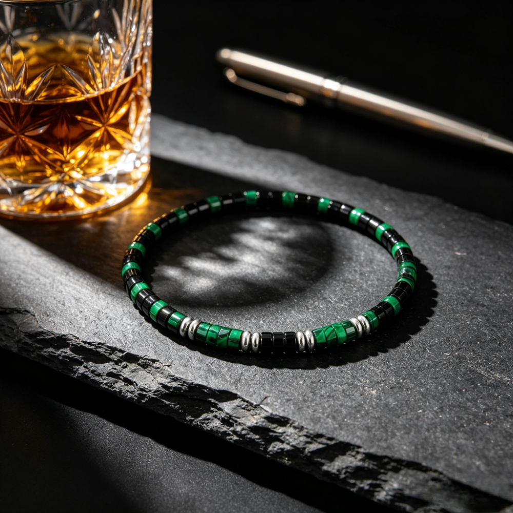 Men's Handmade Natural Malachite & Black Onyx Bracelet, Wealth Attraction