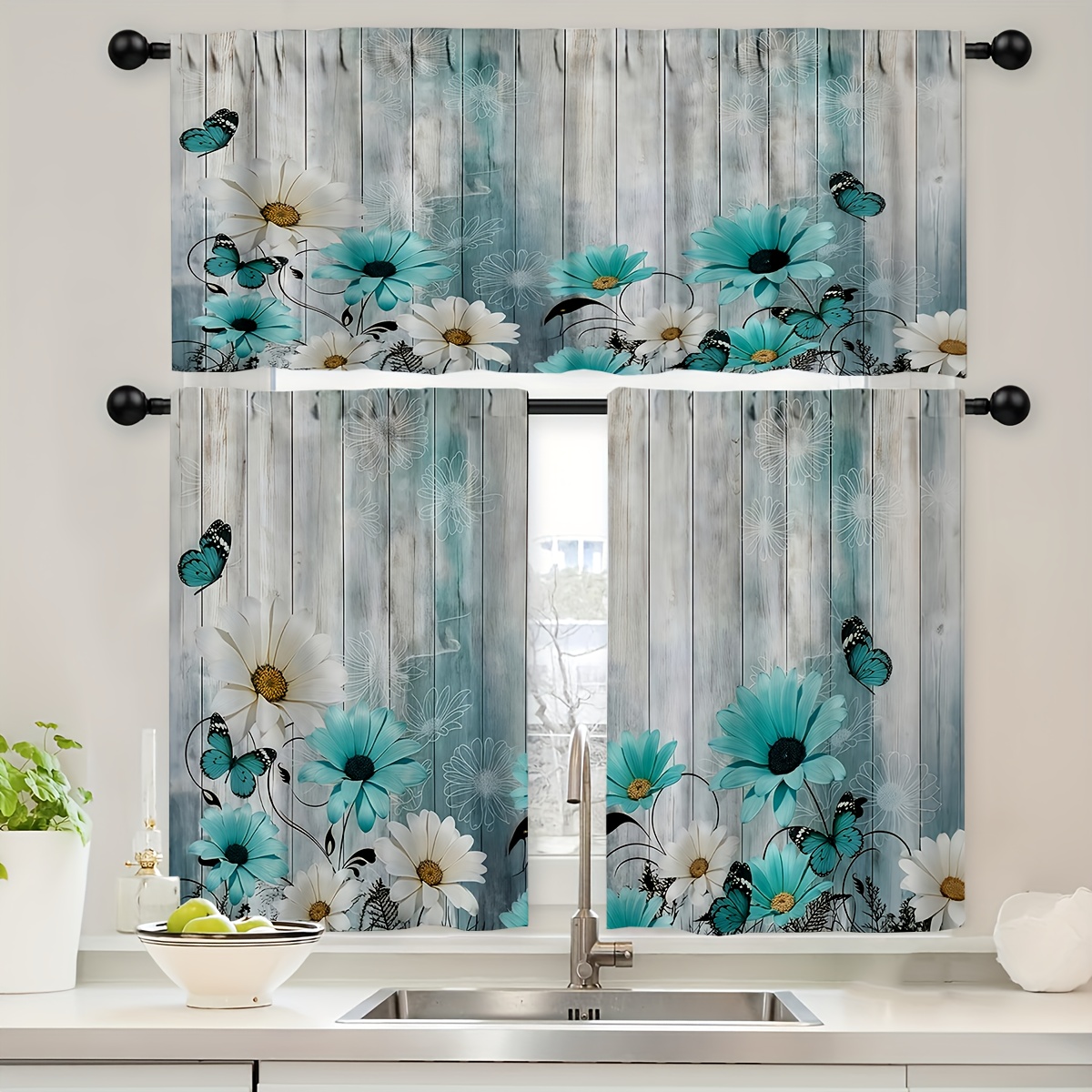 TEMU 2d Flat - 2d Flat- 2d Flat- 3pcs/set 2d Flat Printing Kitchen Curtain Sets, Daisy Daisy Pattern Print Curtain Set, Rod Pocket Valance Curtain