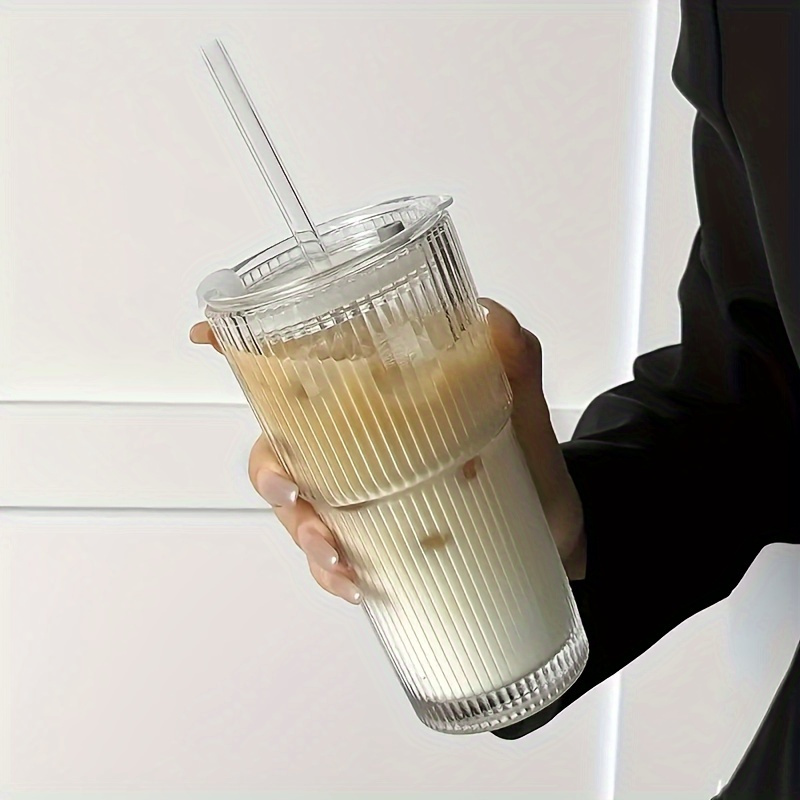 Image of Large Capacity Striped Glass Cup With Lid - Insulated, Versatile, Hand Wash Only, Reusable Glass Cup - Suitable For Cold Drinks, Juice, Coffee - Ideal For Home, Office, Celebration Events