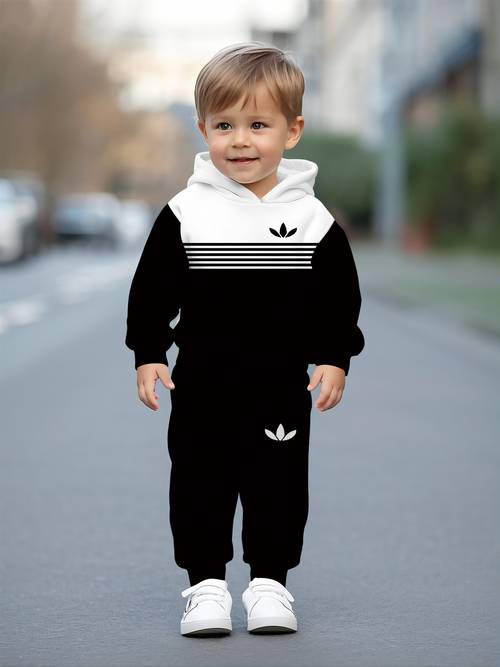 photo de l'article Ensemble de sweat-shirt pour garçon avec imprimé numérique 3D à motif trèfle rayé noir et blanc, ensemble de sweat-shirt de sport d'extérieur pour la rentrée scolaire, ensemble de sweat-shirt décontracté polyvalent et élégant pour le printemps et l'automne, pour enfants, idéal pour les vacances, pour l'extérieur