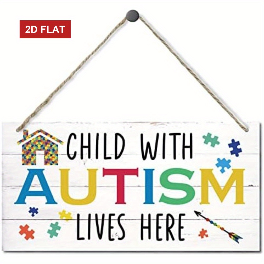 TEMU 2d Flat, Autism Awareness Sign- Color-coded Puzzle Design With A Warning Label "autism- Children Live Here"- Artificial Wood Door Hanger,