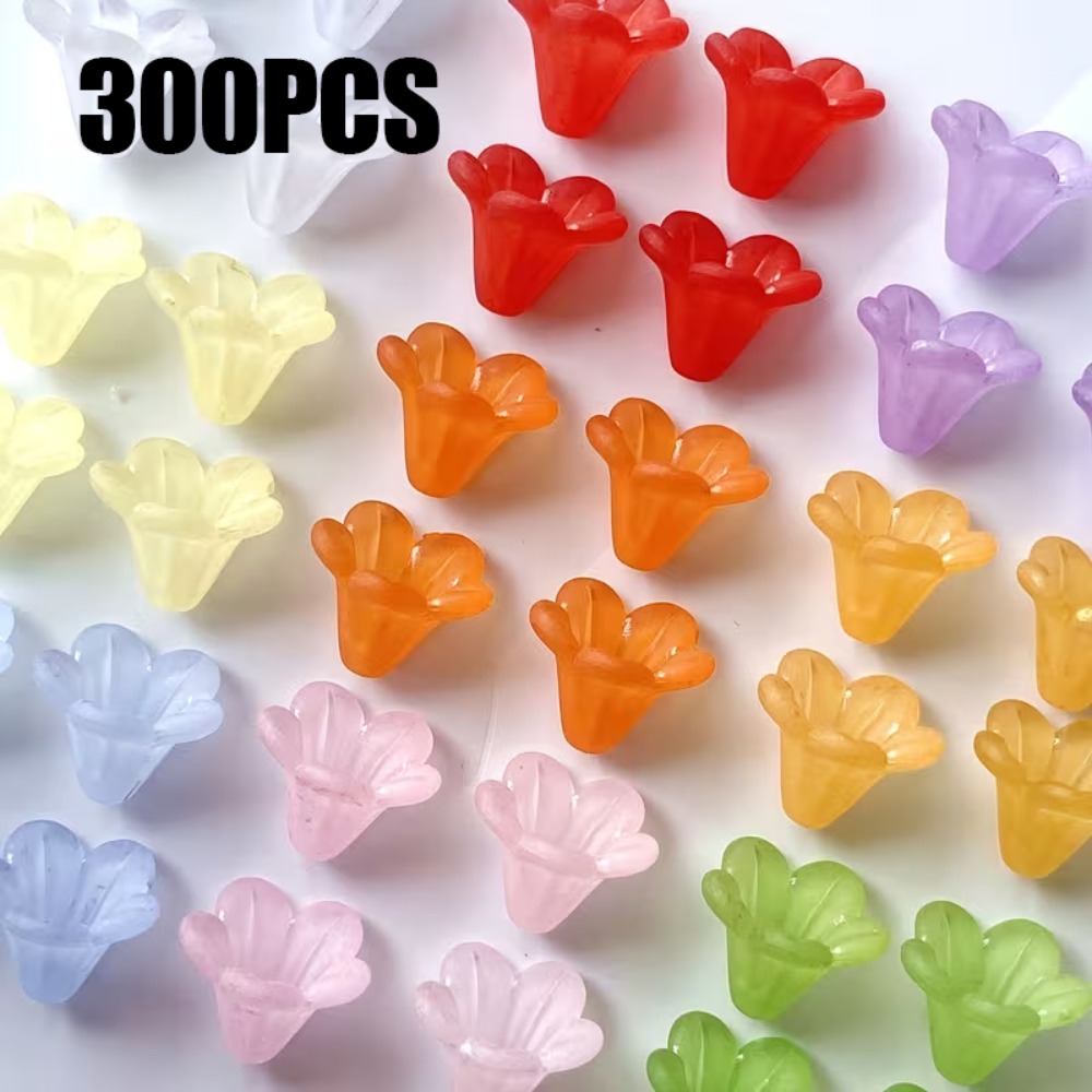 TEMU 300pcs 10x14mm Frosted Random Mixed Colors Acrylic Flower Beads - Craft Supplies For Earrings, Bracelets, Keychains, And More - Durable,