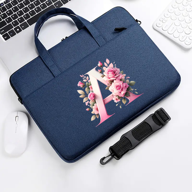 TEMU Pink Floral Letter Print Lightweight Polyester Laptop Bag, Blue Large-capacity Briefcase With Detachable And Adjustable Shoulder Strap, Suitable
