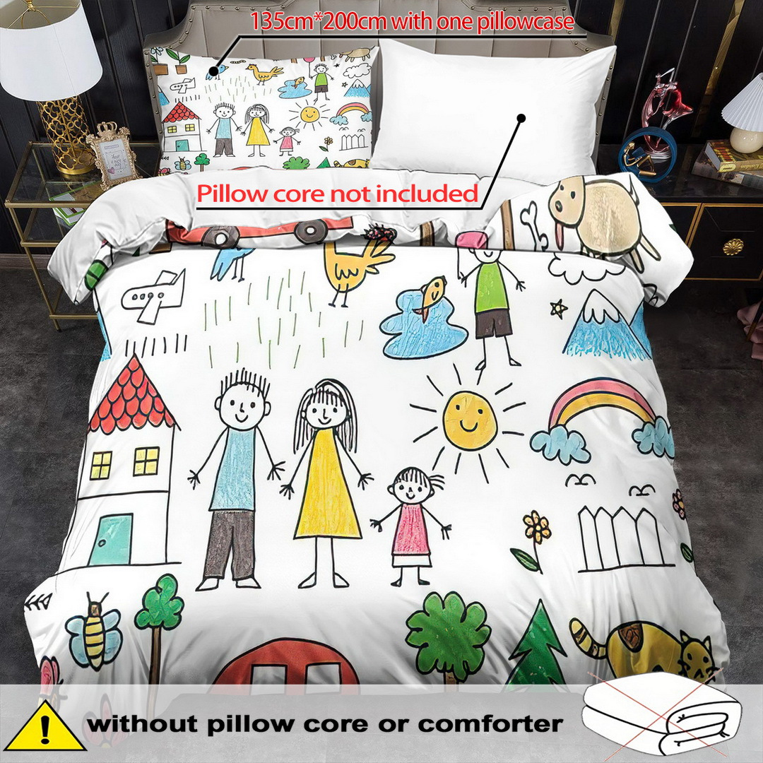 TEMU Theme Duvet Cover Set - 2/3pcs, Soft And Comfortable Breathable, Family Pattern Printed Bedding, Family Printed Duvet Cover Set, 100% Polyester