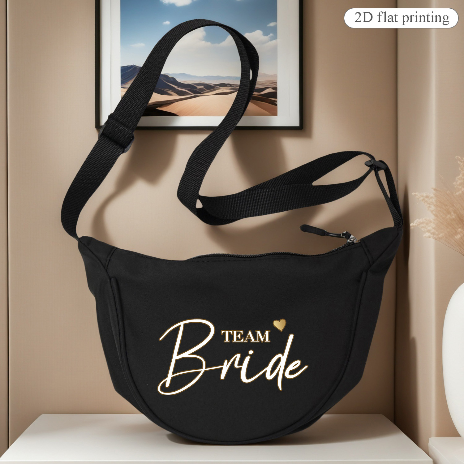 Image of Bride Brand Crossbody Bag - Crescent Zipper Handbag & Shoulder Purse, Geometric Print, Machine-washable, Minimalist Everyday Bag Suitable For, Travel, Parties, 2d Flat
