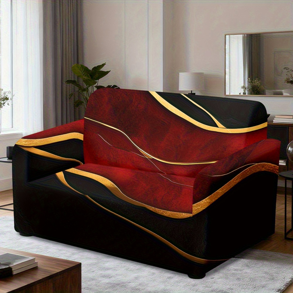 TEMU [ Enabled] 1pc Red Golden Flow Texture Light Luxury Sofa Cover, Fabric Stretchable And Close-fitting, Machine Washable And Durable, Suitable For
