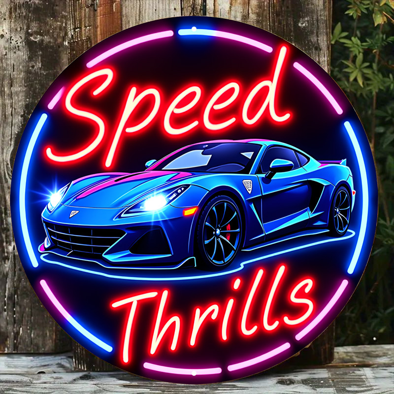 

1pc Vintage Neon Metal Sign " " - Sleek Sports With & Blue Lights, 7.8x7.8 Inch - Ideal For Bar, Café, Wall Decor, 2d, Room Decor