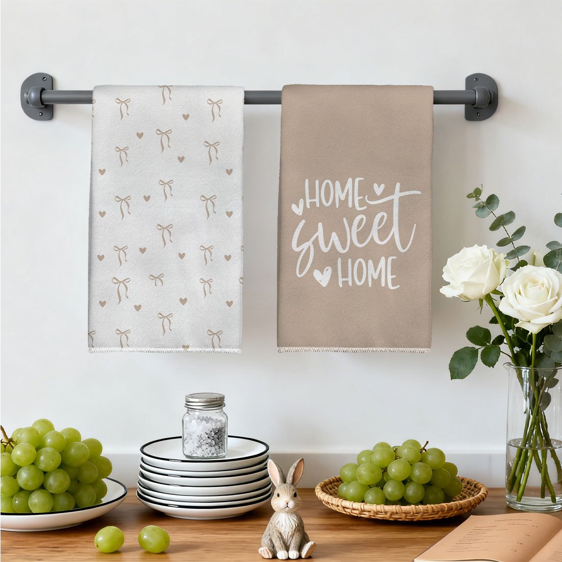 TEMU Lot de 2, Serviettes de cuisine à imprimé motif cœur et "" en cursif, Cadeau pour , Cadeau de pendaison de crémaillère pour amis, Fournitures de