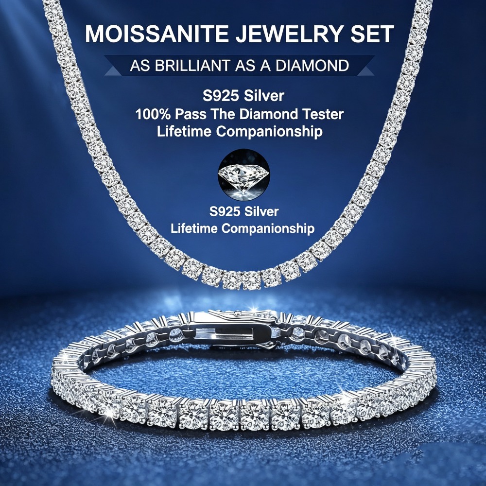 TEMU Classic 2pcs Tennis Necklace And Bracelet Set, 925 Sterling Silvery Moissanite Tennis Necklace And , Vvs Grade Sparkling Spring Clasp, Original