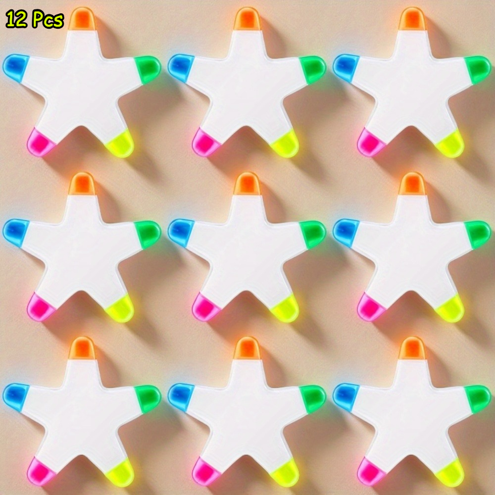 Image of 12pcs Star Highlighters Bulk - Assorted Colors, Fluorescent Pens With Watercolor Design, Cute Star-shaped Highlighters For School, Office, And , School Supplies, Design, Vibrant Colors