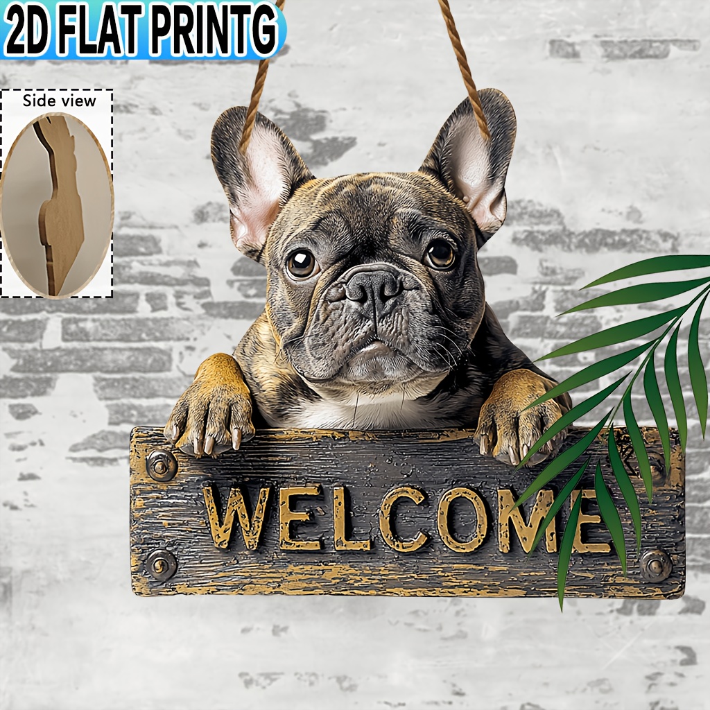 TEMU 2D Ebene, [2D Ebene] 2D Flach - [2D Ebene] ., Holz Willkommensschild, Outdoor Wanddeko, Französische Bulldogge, , Tiermotiv Deko, Wandbehang,