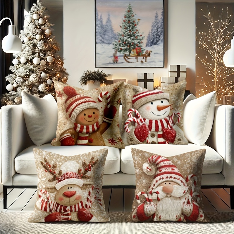 TEMU Printed Design - Non-textured 4pcs Set Ktka Christmas Holiday Pillowcases, Featuring Gingerbread Man, Snowman, And Santa Claus Designs. Made Of