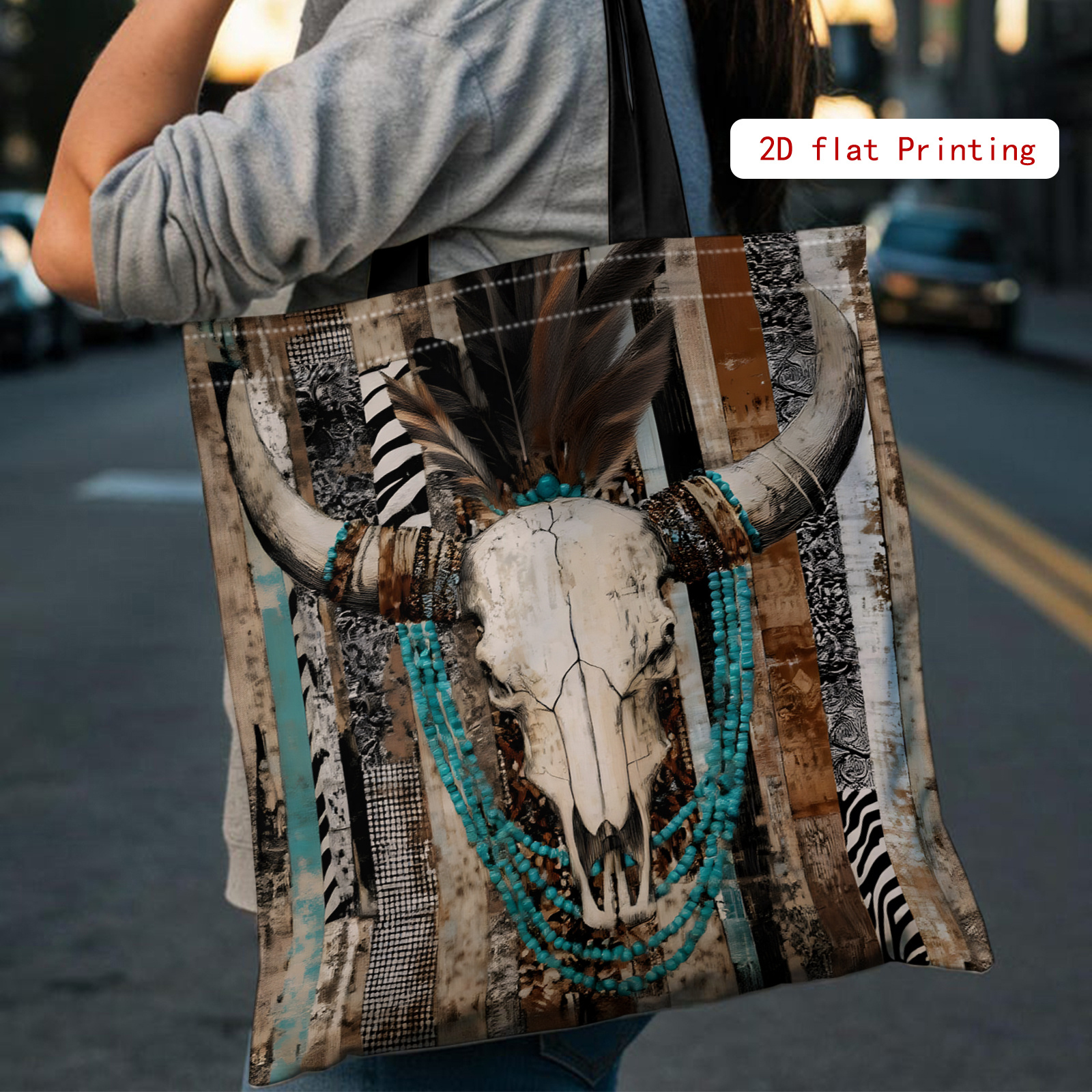 TEMU 1pc Double-sided Printing Thanksgiving Theme, 2d Printed Handbag, Bull Skull Pattern, Beaded Necklace Design, Reusable Shopping Bag, Women's