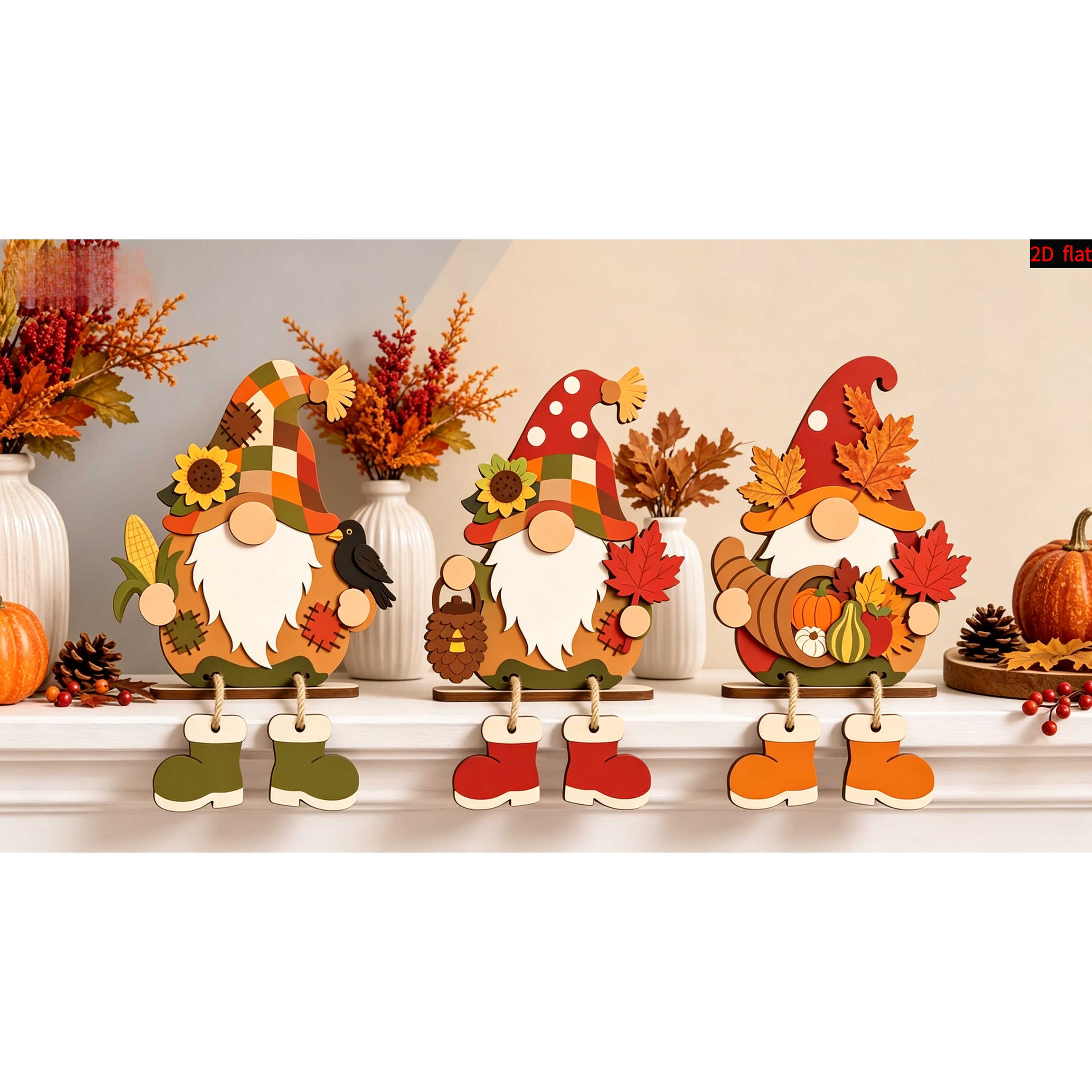 TEMU 2d Flat Wooden Dwarf Ornament 3pcs Set, Laser-cut Solid Wood Craft, Smooth And Exquisite. 3 Dwarf Figures With Sunflowers And Corn, Basket, And