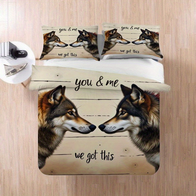 3pcs wild wolf couple printed bedding romantic quote design duvet  , rustic country style bedroom decor, soft microfiber quilt for master   home, beige brown   duvet  +2 pillowcases, home decoration, cozy bedroom, romantic design, couple theme, durable fabric,   bedding, pillowcase set, printed bedding set,   enthusiasts, couples gift Product details 5