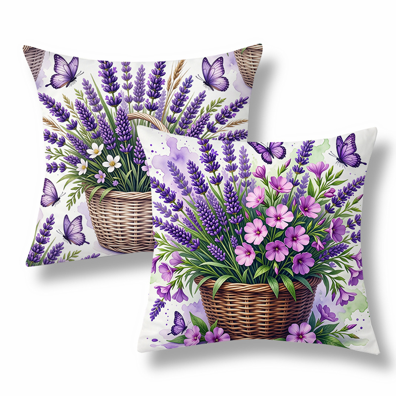 TEMU 2pcs Floral Style Throw Pillow Covers, Decorative Cushion Cases, Lavender And With Basket Of Flowers, Purple-white Tone. Versatile Pillow Shams