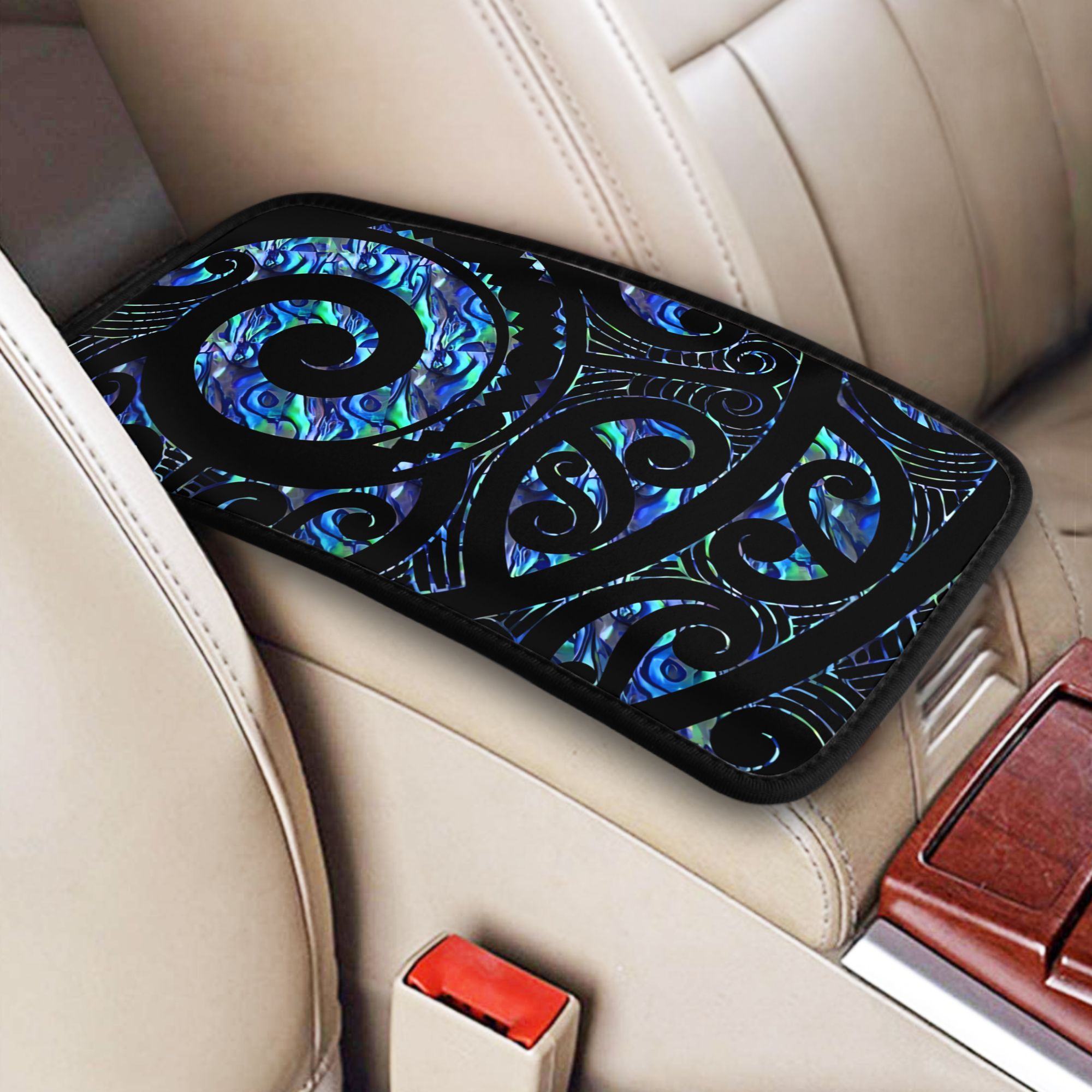TEMU 1pc Maori Paua Shell Tattoo Universal Car Console Cover | Fantasy Cartoon Design Premium Dashboard Protector For Armrest Glove Box Stylish