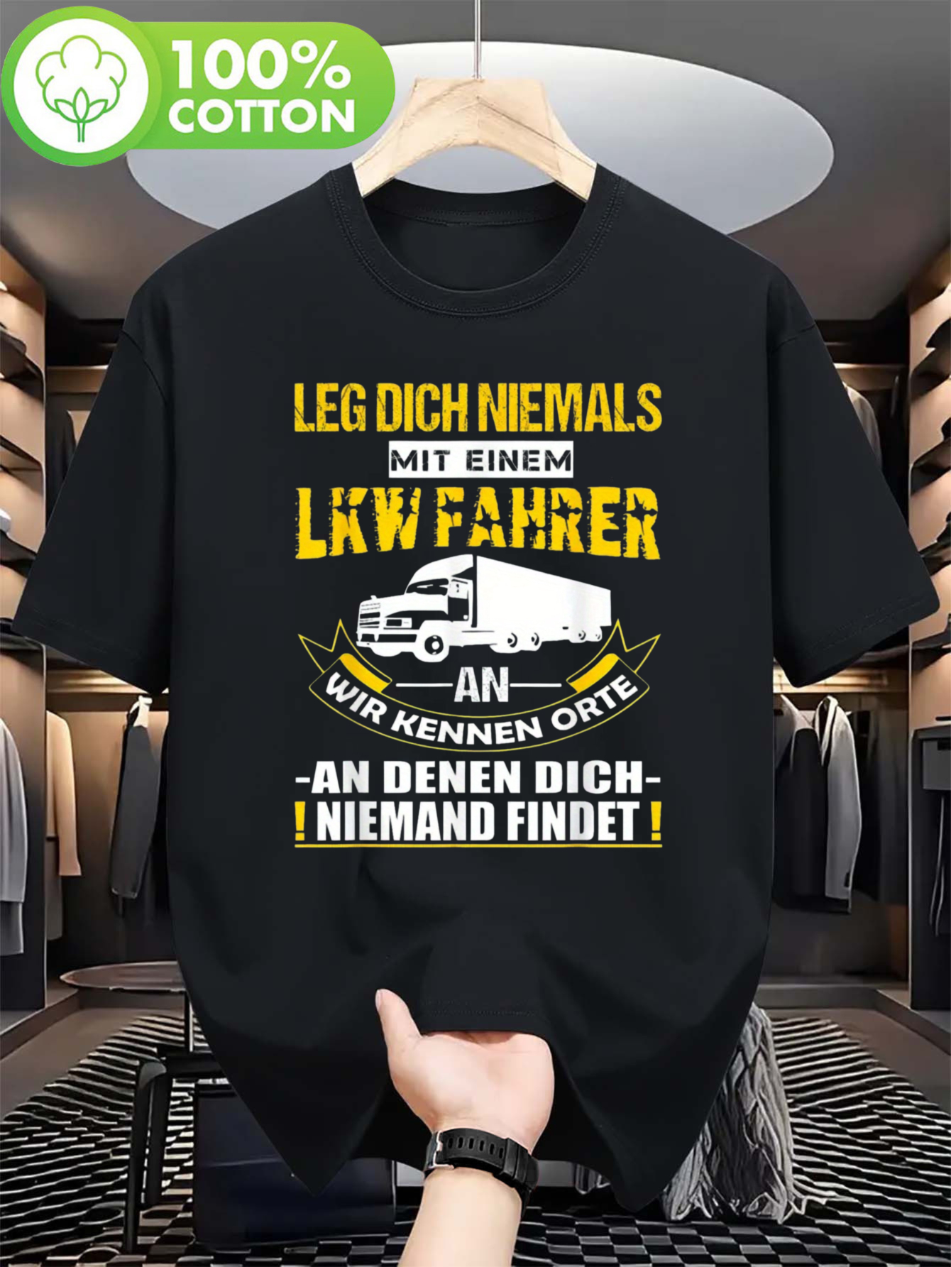 item picture mens funny german truck driver slogan t shirt never ride with a lorry driver saying black with yellow print semi truck graphic casual round neck short sleeve tee for truckers drivers casual attire     fit humorous gift