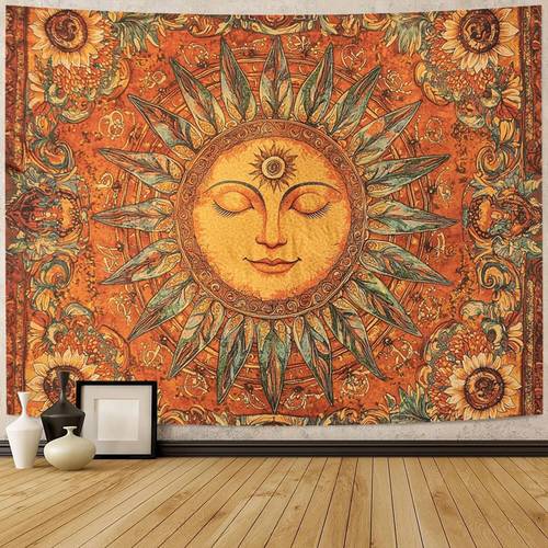 sonne mond wandbehang vintage bohemian wanddekoration mit geschlossenen augen lächelnder sonne, multifunktionale heimdekoration für innen- außenbereich, wohnzimmer, spielzimmer bar-partydekoration