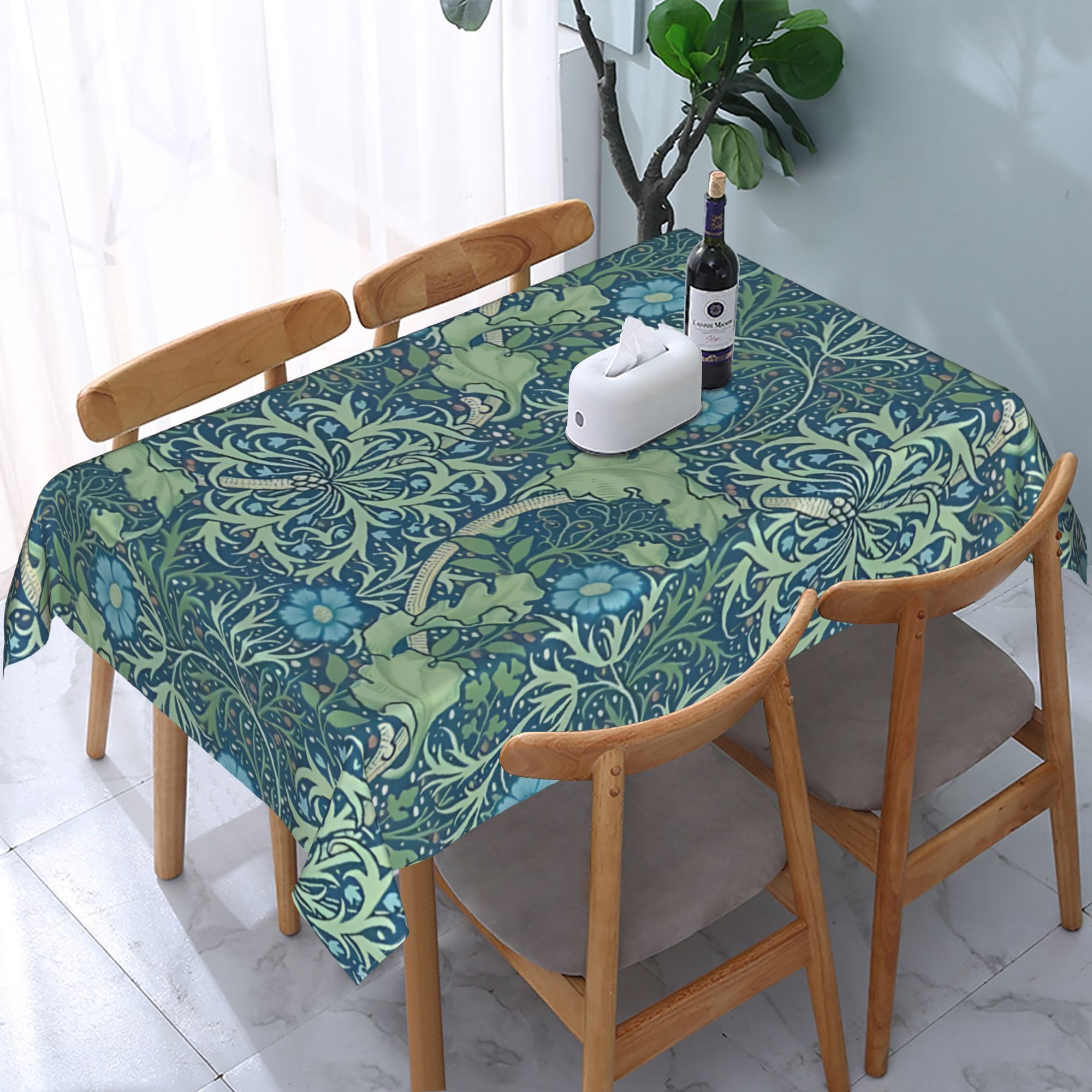 TEMU 2d Flat 1pc- Tablecloth With Floral And Leaf Pattern- Blue And Green, Durable Polyester Fiber, Rectangular, Suitable For Home, Kitchen, Dining