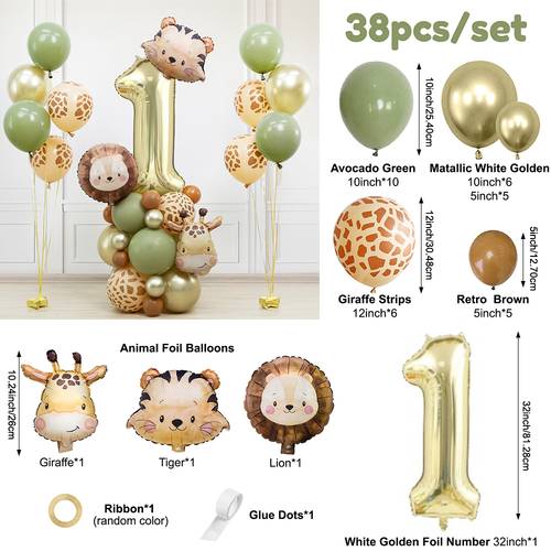 38pcs set animal foil balloon number balloon set lion giraffe tiger shape foil balloons avocado brown balloon with 1pc random color ribbon for theme birthday party decor shower gender reveal animal party decoration