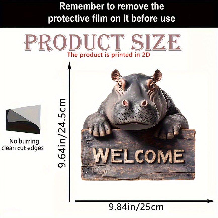 TEMU 2d Flat, 2d Flat Hippo Wooden Welcome Sign â 9.64" X 9.84", Suitable For Porch, Garden Or Farmhouse Wall Decor, Spring Wreath Accessory, Outdoo