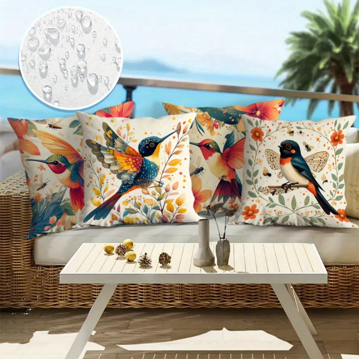 4 pack outdoor throw pillows floral bird pattern high quality machine washable with zipper closure vibrant summer garden decor for patio balcony or porch outdoor pillows patio accessories     decorative cushions   porch accents natureinspired design durable fabric cushion covers patio owners