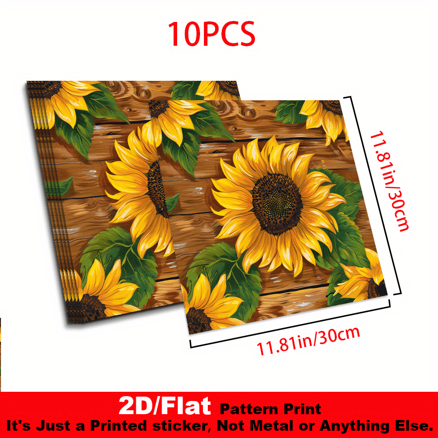 TEMU 10pcs 2d Flat Pvc Floor Stickers - Rustic Sunflower Wood Grain Self-adhesive Wall Decals, 11.81×11.81 Inches Decorative Stickers For Kitchen,