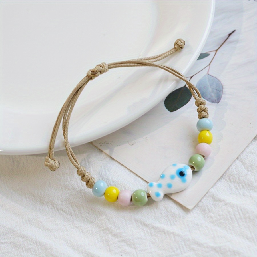 Adjustable Ceramic Fish Charm Bracelet with Colorful Beads