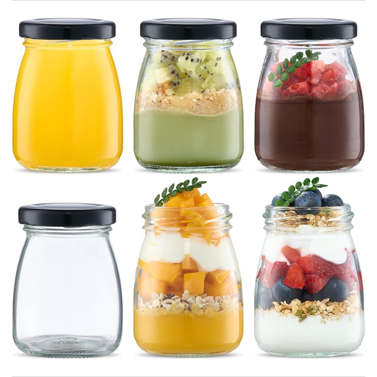 Image of 6pcs 100ml/ 3.4oz Clear Glass Bottles With Black Lids - Small Mini Milk Jars For Yogurt, Pudding, Jam And Crafts - Leakproof Pantry Organizers - Dishwasher Safe