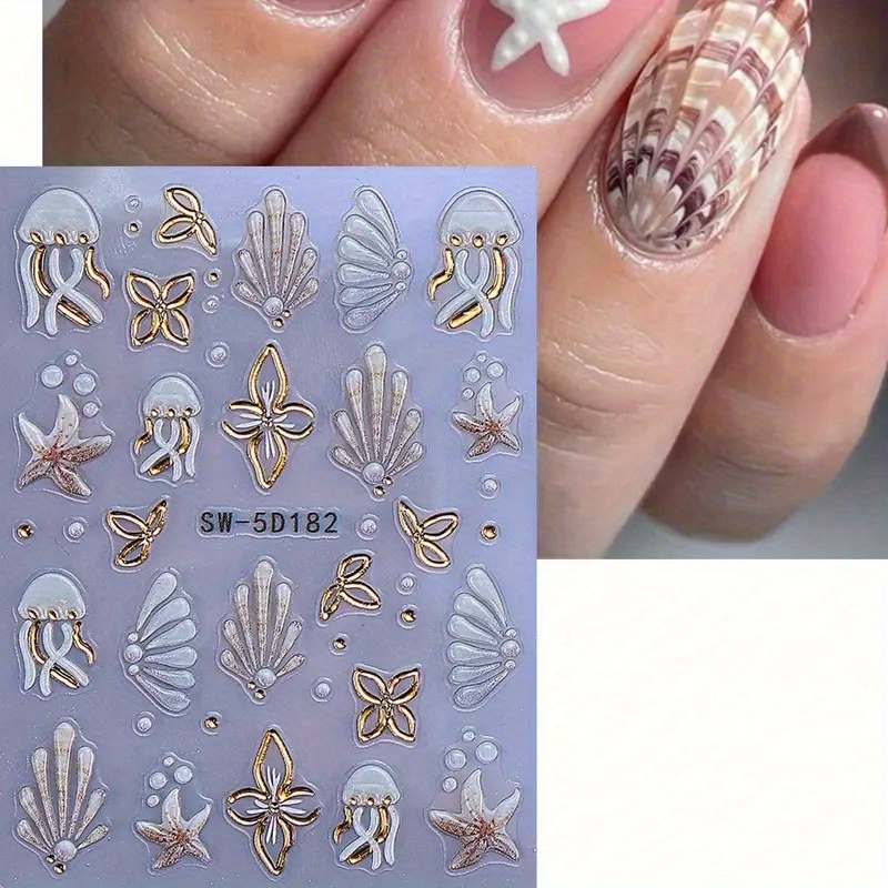 5d Embossed Nail Stickers Featuring Seashells, Sea , And Starfish