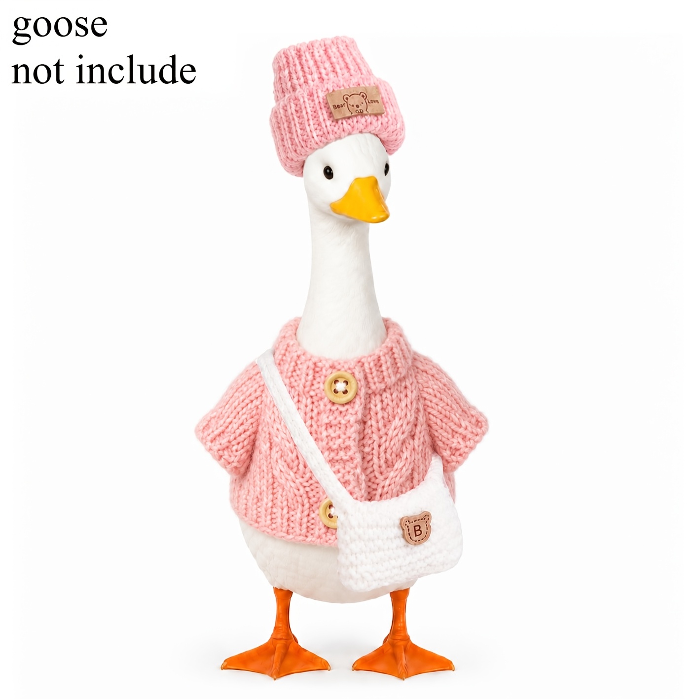 TEMU Figurines ensemble de tenue d'oie de table de 7 pouces, pull-cardigan rose en tricot, bonnet avec étiquette ours et sacoche blanche en tricot,