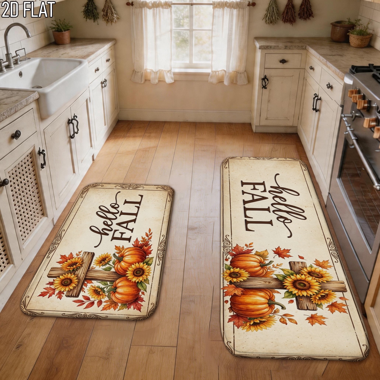 [Kitchen Rug] 2D Flat Country Style Pumpkin Kitchen Mat,   Mat, Easy to Clean, Comfortable And Soft, Suitable for Restaurant, Bedroom, Kitchen, Hallway, Home Decoration, Bathroom, 2D Flat