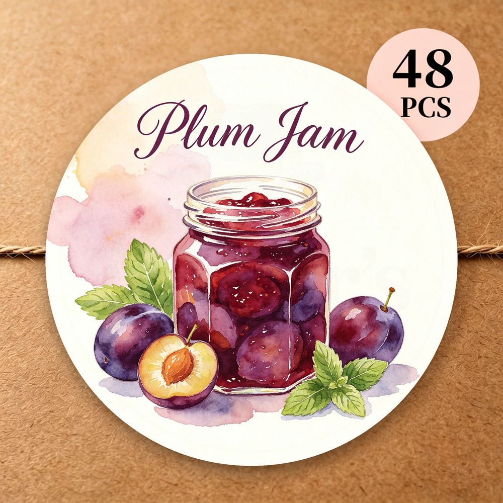 TEMU 48pcs Round Plum Jam Stickers, Watercolor Plum And Fresh Labels, Waterproof Self-adhesive Seals For Jam Jars, Food Containers, Homemade Treats,