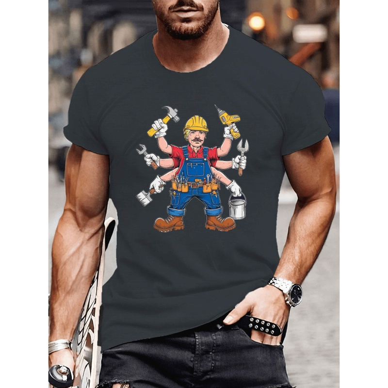 

T-Shirt Décontracté pour Homme à Manches Courtes avec Imprimé Unique d'Ouvrier de Construction à Six Bras - Polyester Respirant, Lavable en Machine - pour l'Été, Cadeaux pour Ouvriers de Construction