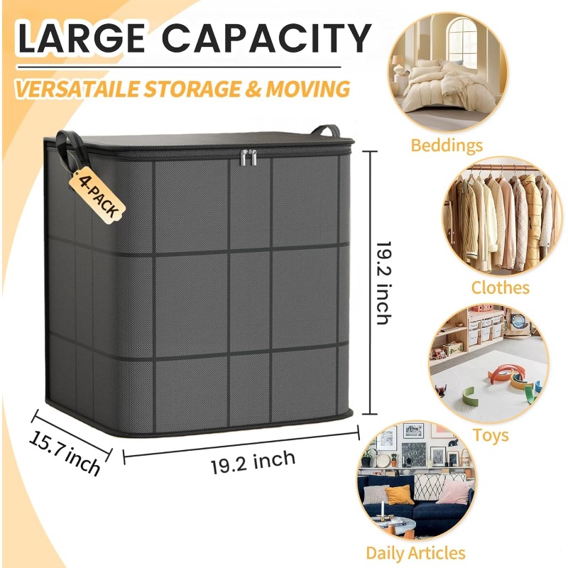 3 Pack Large Collapsible Clothes Storage Bags with Reinforced Handles and Zippers for Clothing, Blankets, and Under-Bed Storage