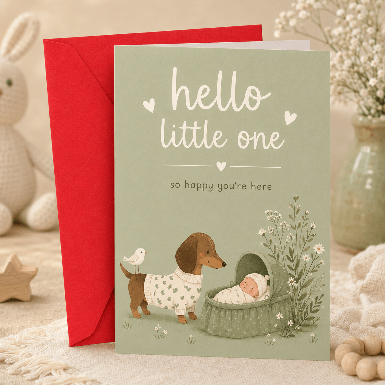 TEMU 1 Set New Baby Card With Envelope, "" Gender Neutral Baby Congratulations Greeting Card, Cute Dachshund Dog And Newborn Bassinet , Baby Shower