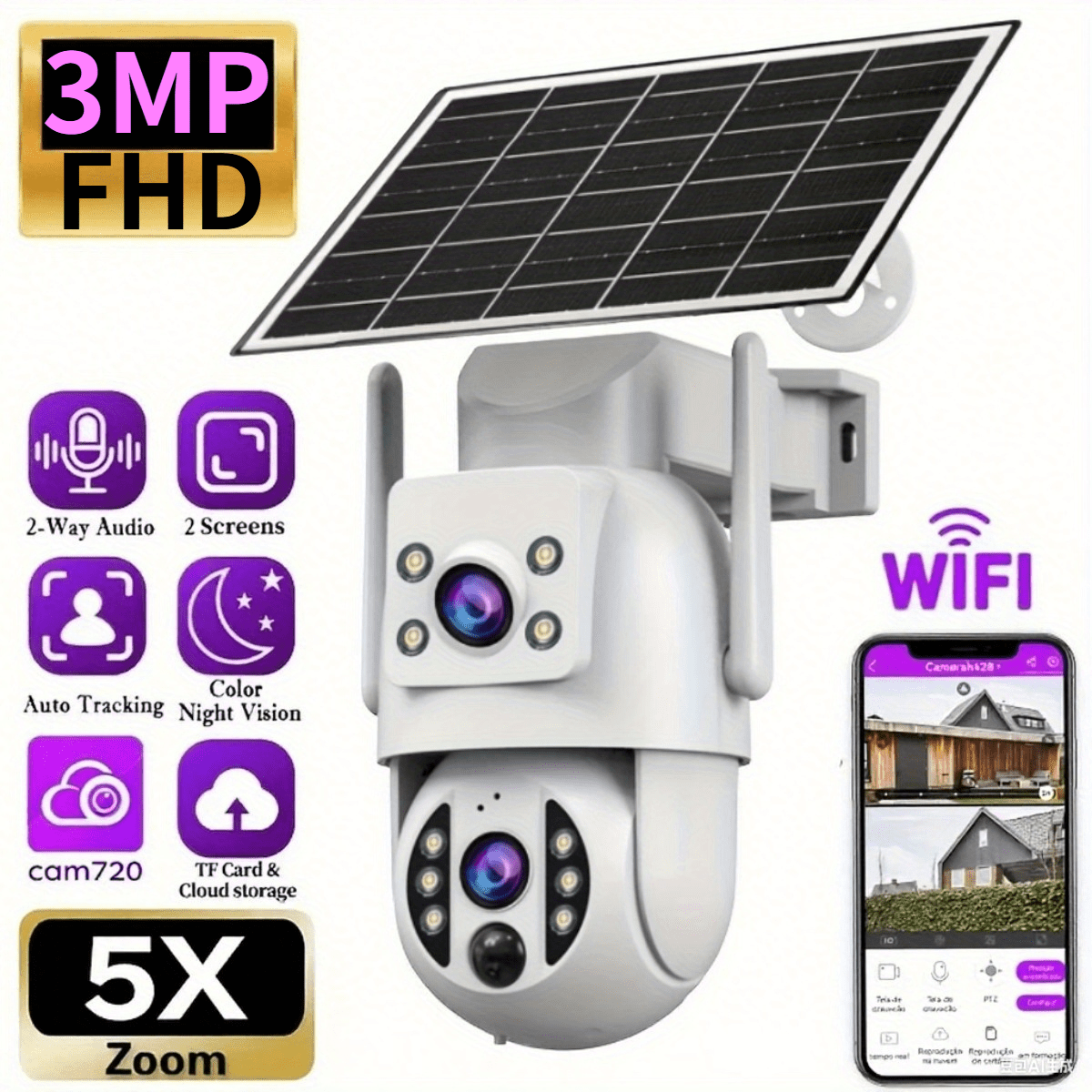 TEMU Jooan 3mp Full Hd Solar Outdoor Security Camera Ipx6 360 ° Rotating Pan Tilt Zoom 5x Ptz Dual Lens 2.4ghz Wireless Wifi Low Power Rechargeable