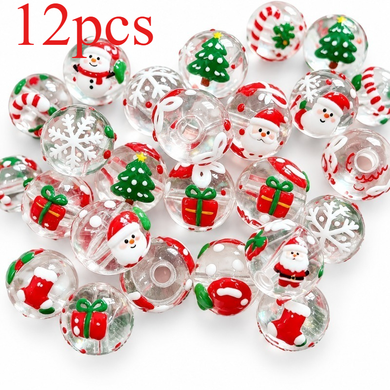 TEMU 12pcs Large Hole Design Mixed Christmas Transparent Beads, Including Santa Claus, Snowman, Christmas Tree, Snowflakes, Gifts, And Christmas