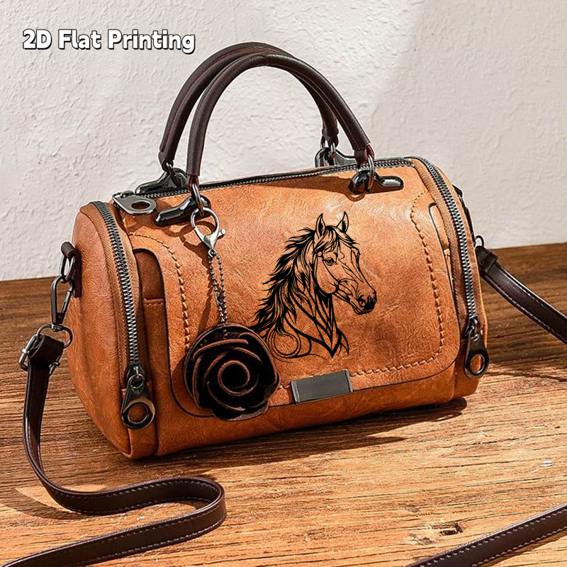 Image of Women's Shoulder Bag, 1pc, Retro Handbag, Horse Pattern, Classic Patterned Single-shoulder Bag With Rose Pendant, Crossbody , Suitable For Commuting, Business Trips, Light Luxury Small, Bag Boston Bag