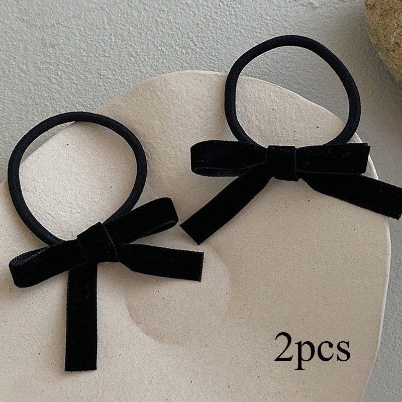 2pcs Black Velvet Bow Elastic Hair Tie, Cute Women's Hair Accessory, Fashionable And Versatile Bun/braid Hair Tie, Suitable For Casual Attire, Vacation, Dates, And As A Gift.