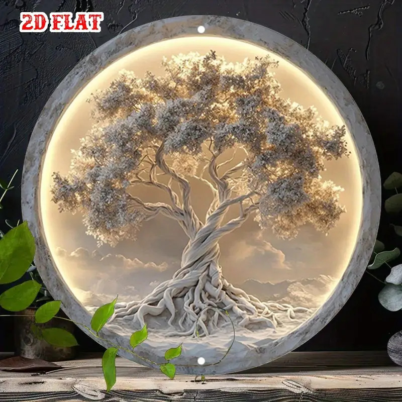 TEMU Plaque murale ronde "Arbre de Vie" en aluminium plat 2D, 1 pièce, 7.87x7.87 pouces, art sculpté, design plat 2D vintage, résistante aux